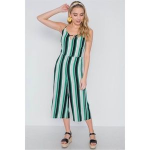 Lumiere Green Striped Wide Leg Jumpsuit Small Cami V Neck Rayon NEW